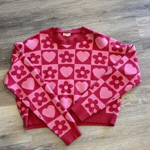 Cropped Funky 70s 70’s Pink Heart and Flower Pattern Sweater